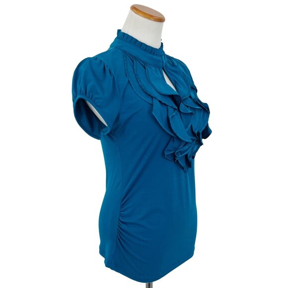 Urban Hearts Unique Teal Ruffled & Keyhole Mock Neck Short Sleeve Blouse - Picture 9 of 14